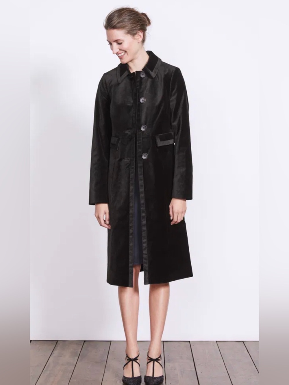 BODEN 12 Gigi Velvet Party Trench Dress Coat in black